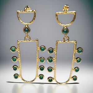 18k Gold Plated Artisan Emerald Quartz Oversized Dangle Earrings